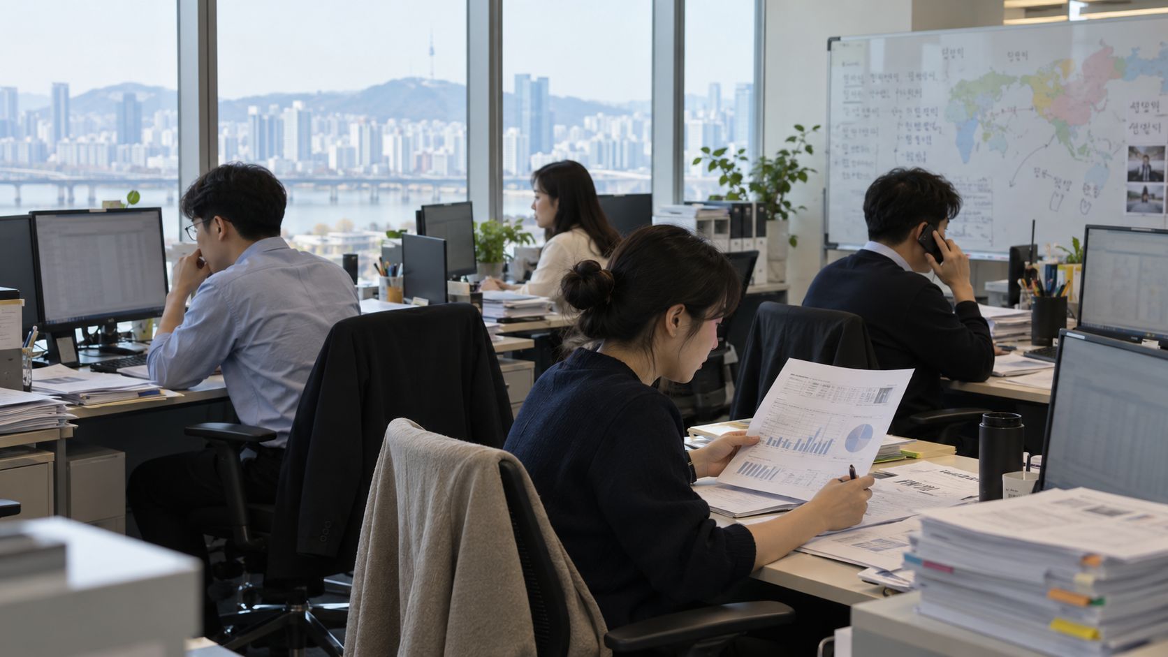 A small research team in a Seoul office reviewing printed reports and spreadsheets at their desks.