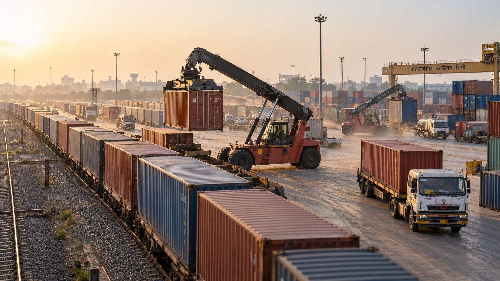 An inland container depot in India where reach stackers transfer containers between freight trains and trucks.