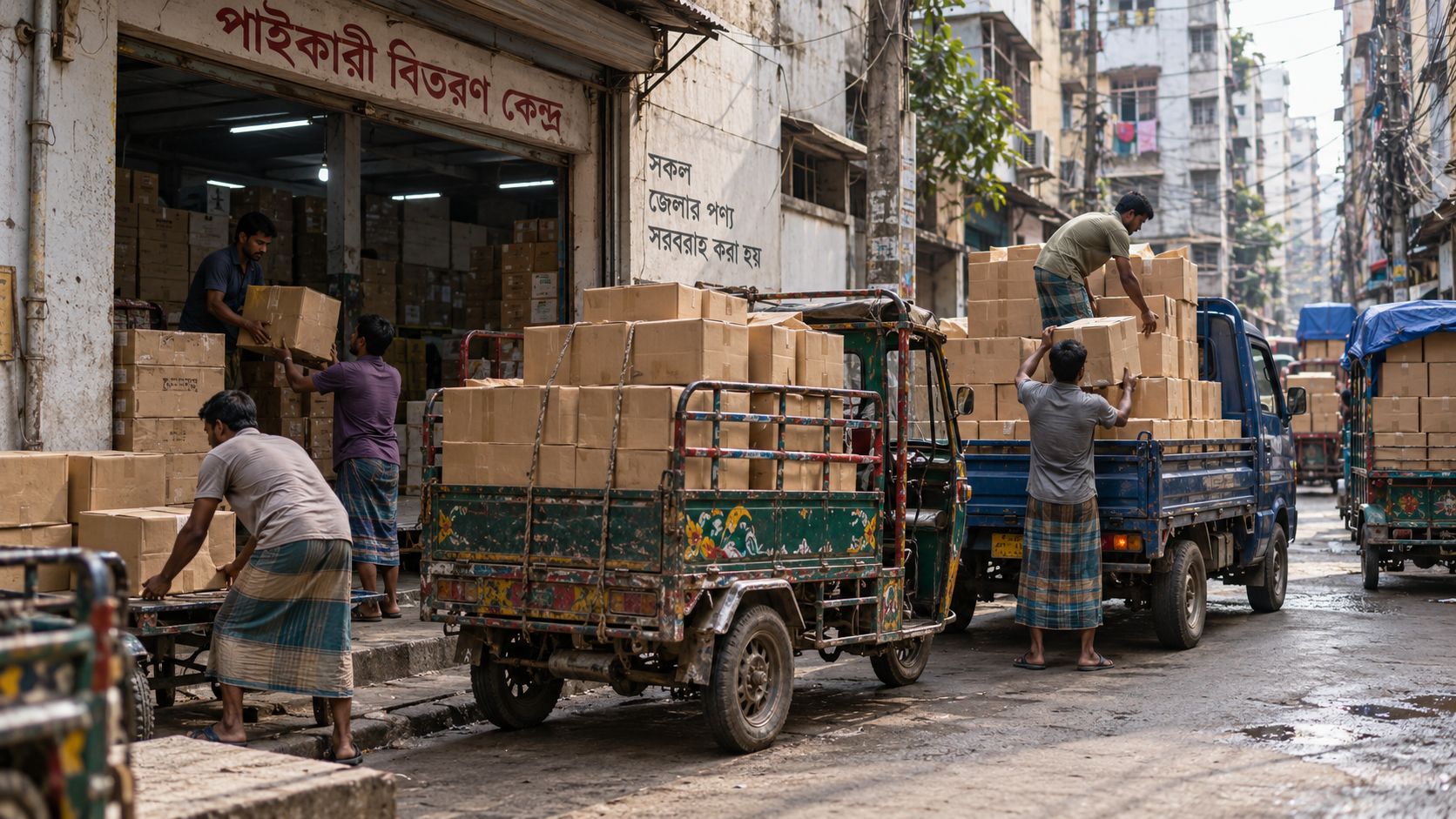 Cartons of packaged consumer goods being loaded onto small three-wheel cargo vehicles at a distributor depot in Dhaka, Bangladesh.